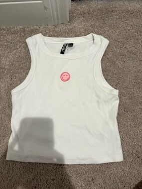 White Ribbed Tank with Pink Smiley Patch( never worn)